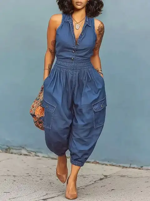 GLOURI Women's Barrel Denim Jumpsuits, Sleeveless Front Button Down High Rise Elastic Waist Wide Leg Jean Overalls, Casual Weekend Daily Outfits, One Piece Jean Streetwear Rompers for Women