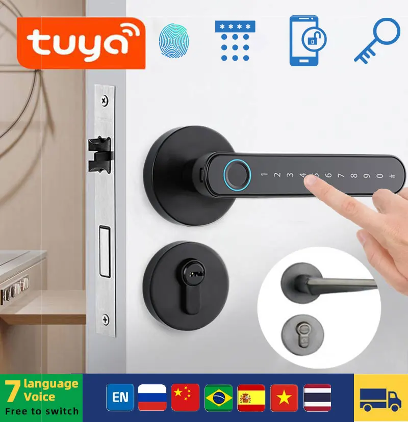 Tuya Biometric Fingerprint Smart Door Lock Password Electronic Digital Lock Keyless Entry Door Knobs Lock for Bedroom Home Room