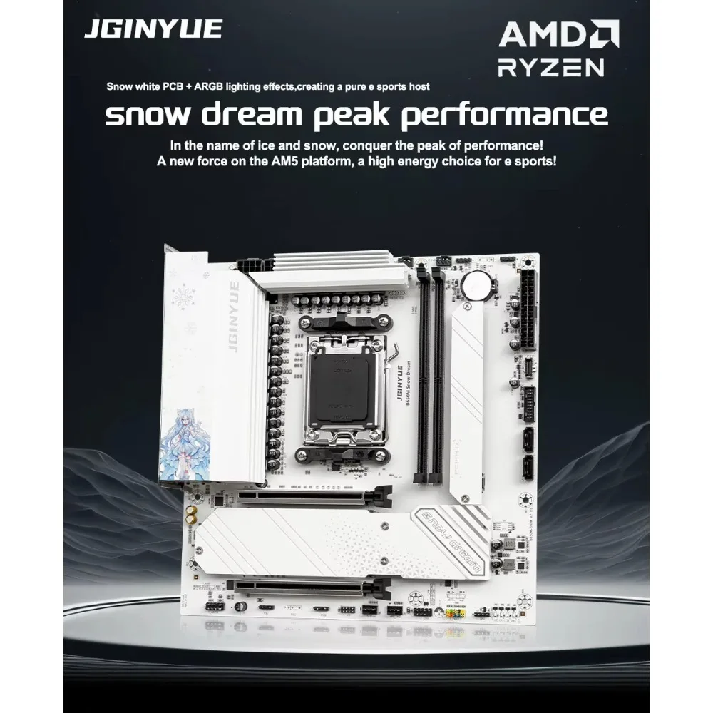 JGINYUE B-650M Snow Dream Motherboard AM5 DDR5 for  AMD Ryzen 7000/8000/9000 Series CPU 19-Phase Power WiFi 6 White Gaming