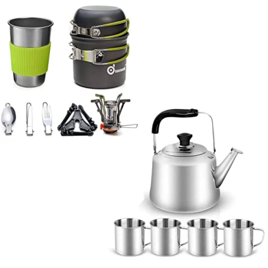

Bundle 2 Items 9pcs Camping Cookware Kit and 4L Camping Kettle Set with 4 Cups for Hiking Backpacking Outdoor Camping and Picni