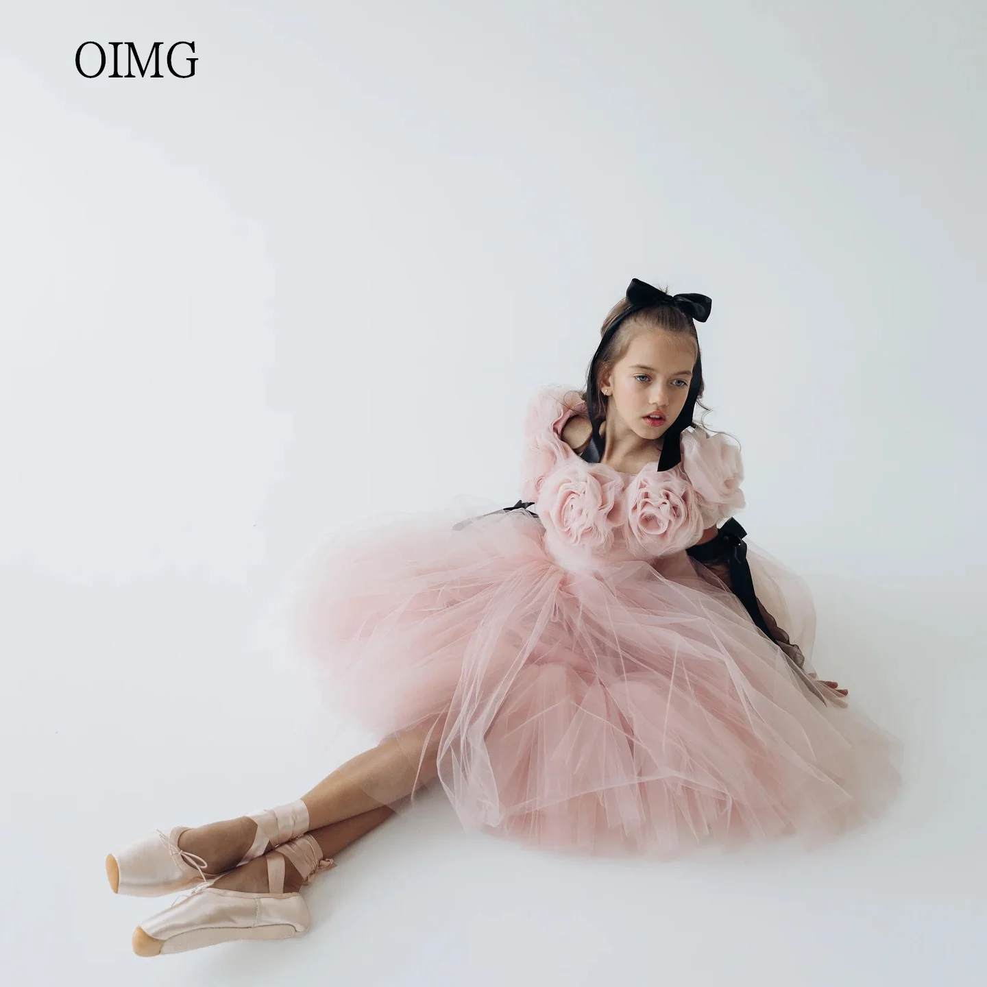 

OIMG Ballet Pink A-line Flower Girl Dresses Flowers Neck Mesh Wedding Party Gown Knee Length Birthday Dress niñas Customized