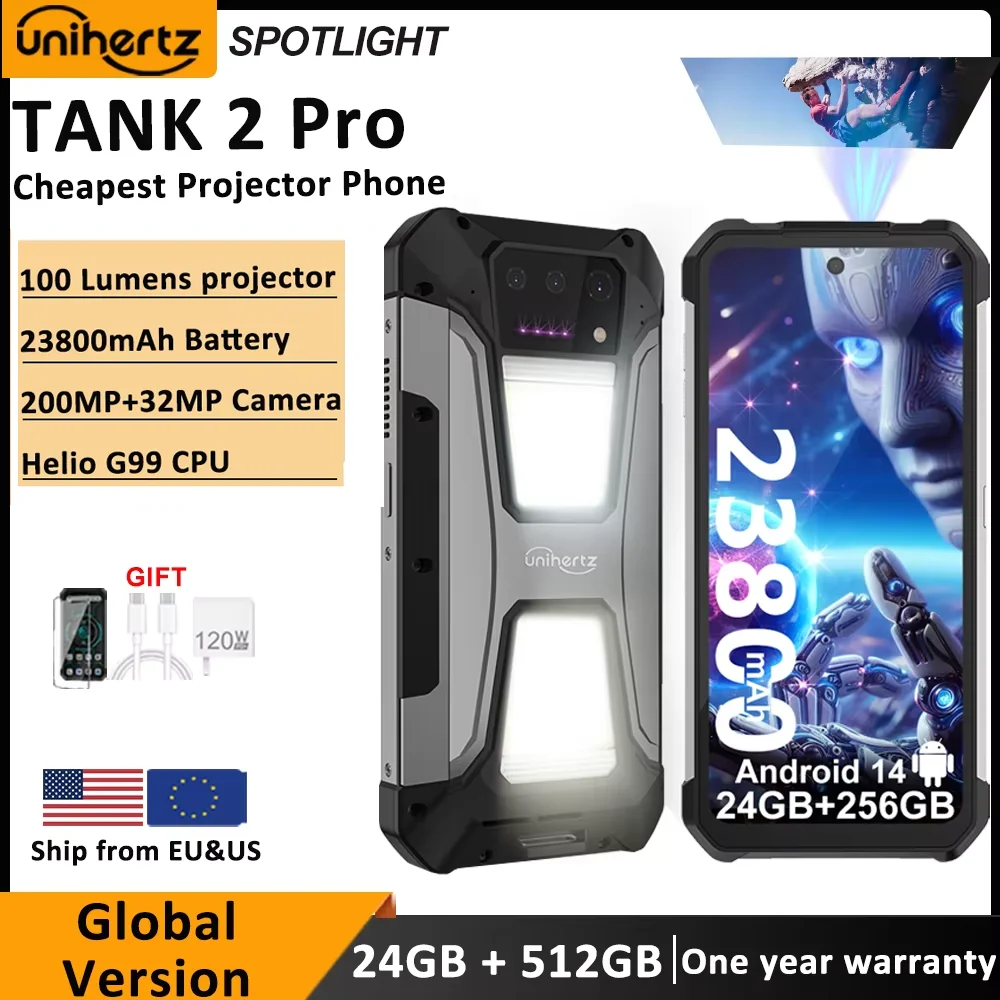 Unihertz Tank 2 PRO 8849 Rugged phones with Projector 2.4K 23800 mAh 24GB+512GB Android 14 100MP NFC 120W G99 Octa Core Dual SIM