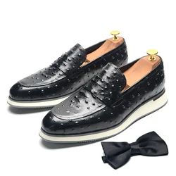 Black Brown Men's Flat Penny Loafers Slip-on Ostrich Pattern Cow Genuine Leather Business Casual Dress Shoes Male Footwear