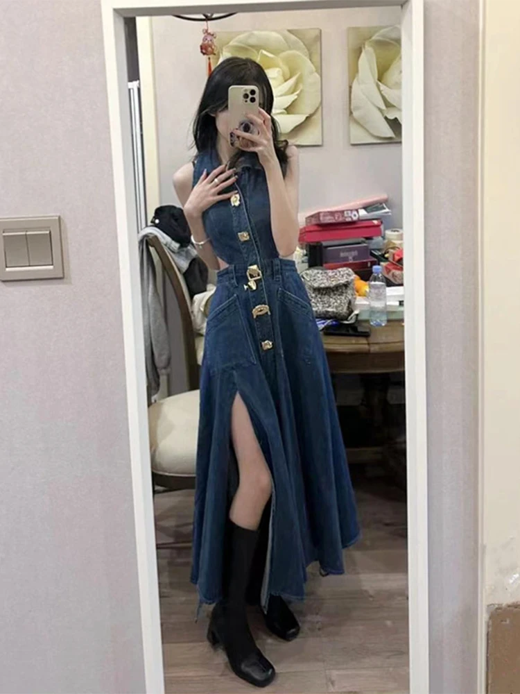 2024 Women Spring Summer Sleeveless Dress Denim Outfits Backless Single-breasted Vestidos Vintage One-Piece Clothing Design Tide