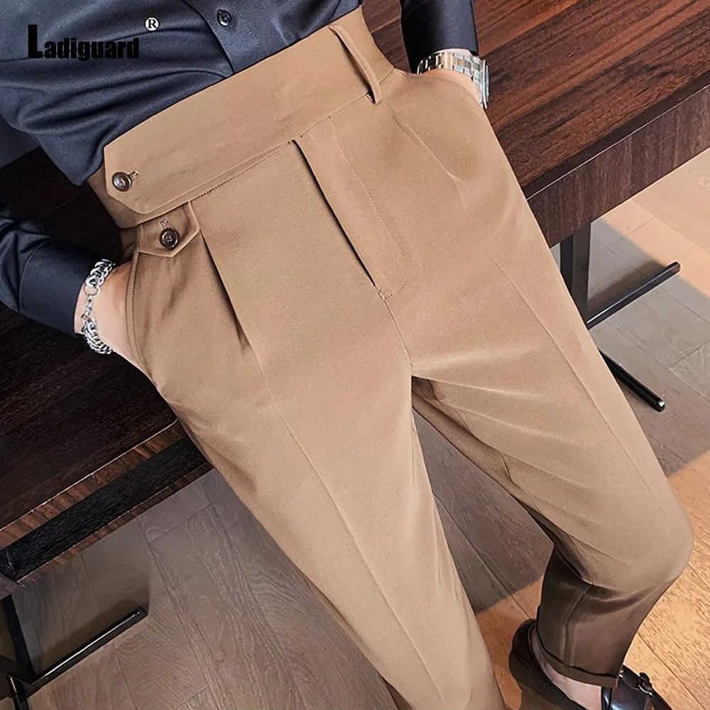 Men Elegant Formal Suit Pants for Party Wedding Solid Khaki Stand Pocket Trousers Italian Naples Fashion Buttons Up Suits Pants