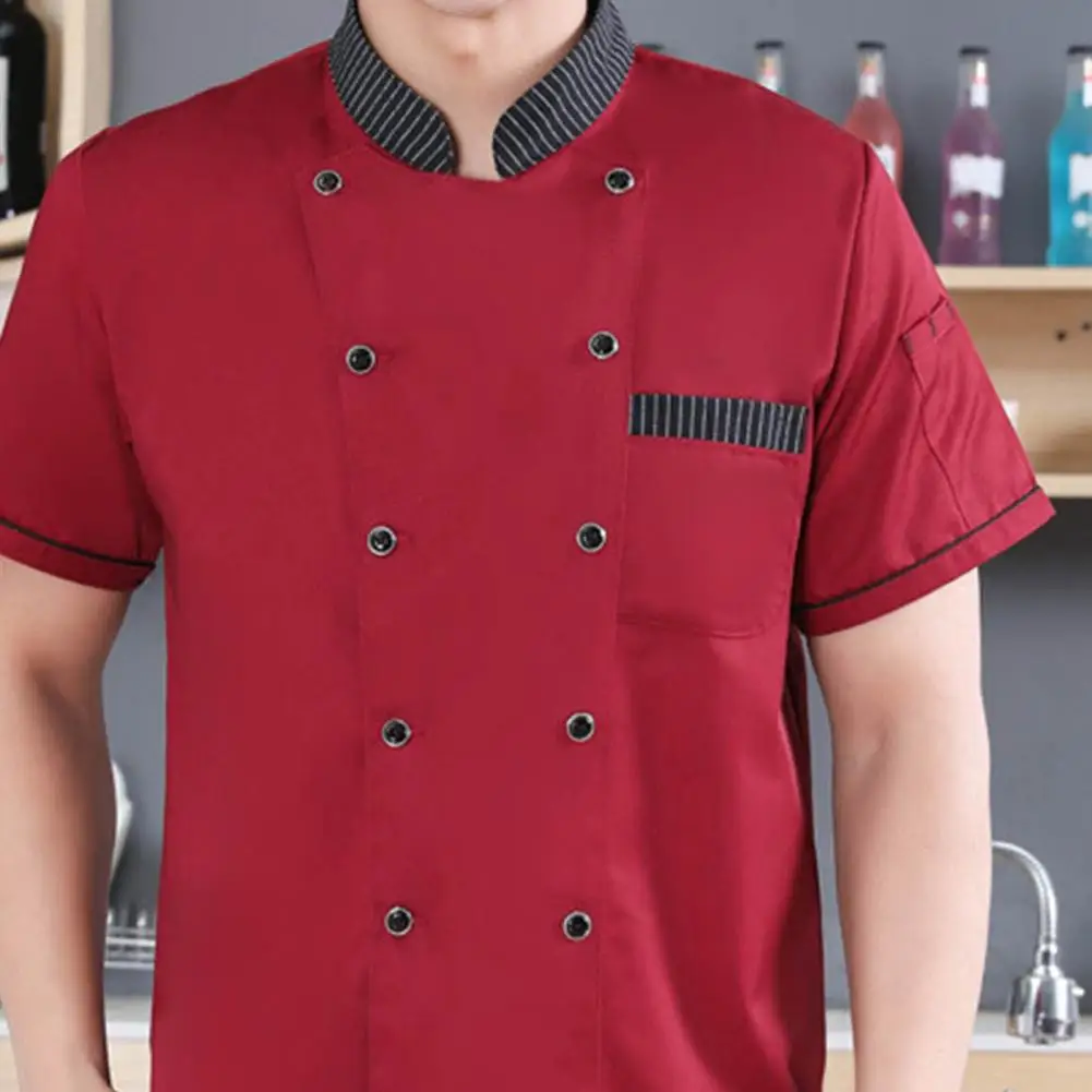 2025 Uniforme da chef Colletto in piedi per uomo e donna Doppio petto Catering Chef a maniche corte Chef Top Ristorante Abiti da lavoro
