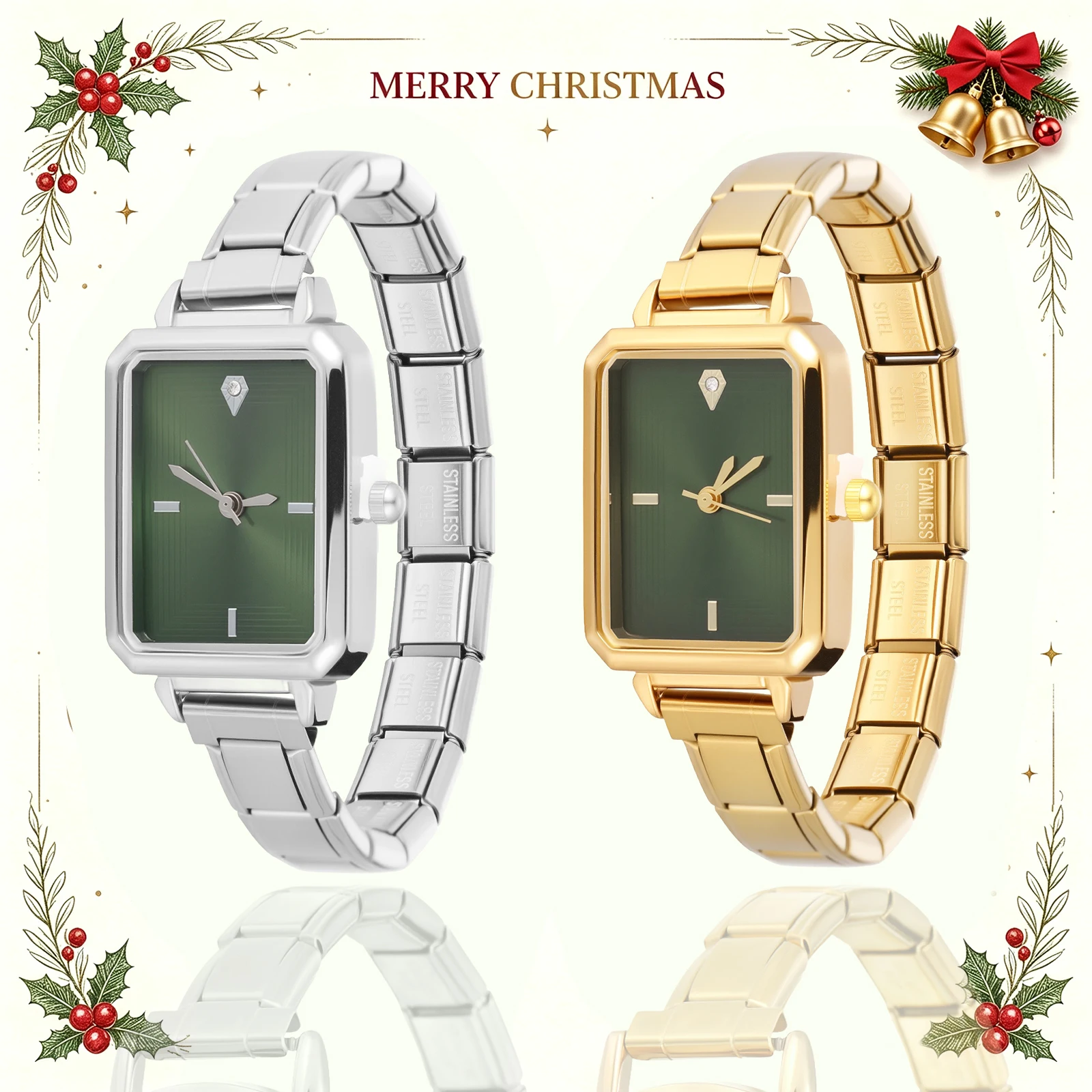 Y2K Green Red Watch Dial 9MM High Quality Stainless Steel Square Heart Watch Bracelet Jewelry For Men Women's Christmas Gifts