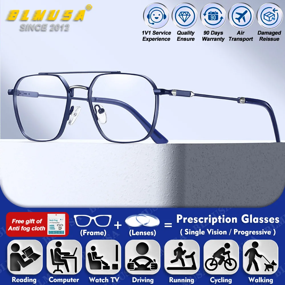 

BLMUSA (L) Retro Pilot Polygon Myopia Prescription Glasses For Men Blue Light Filter Photochromic Progressive Reading Eyeglasses