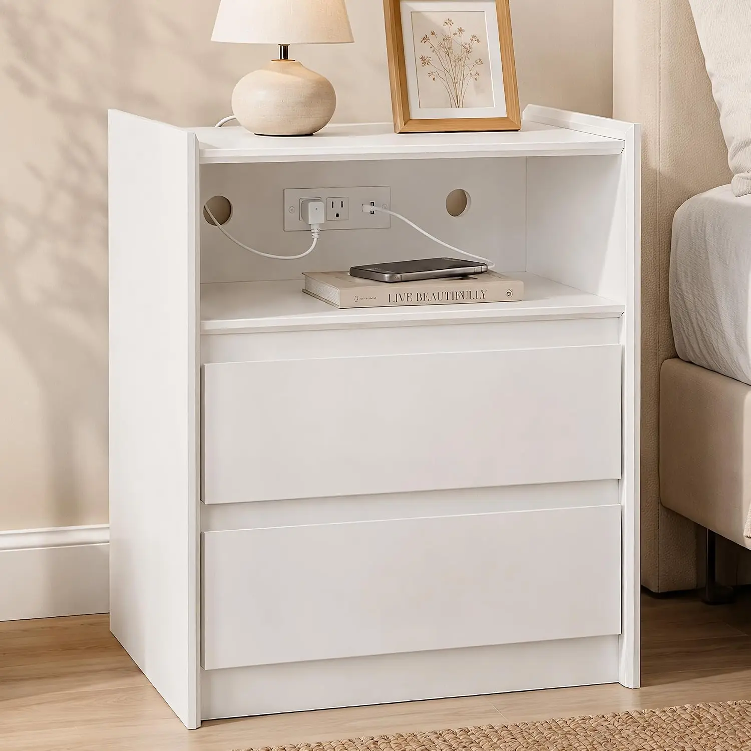 Nightstand with Charging Station, 24"H, 2 Drawers & Shelf