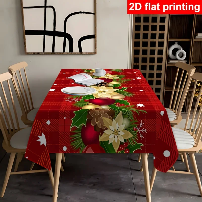 VIKAMA Christmas Rectangular Tablecloth Red Plaid Poinsettia Ornament Waterproof Washable Cover for Classic Xmas Party Decor