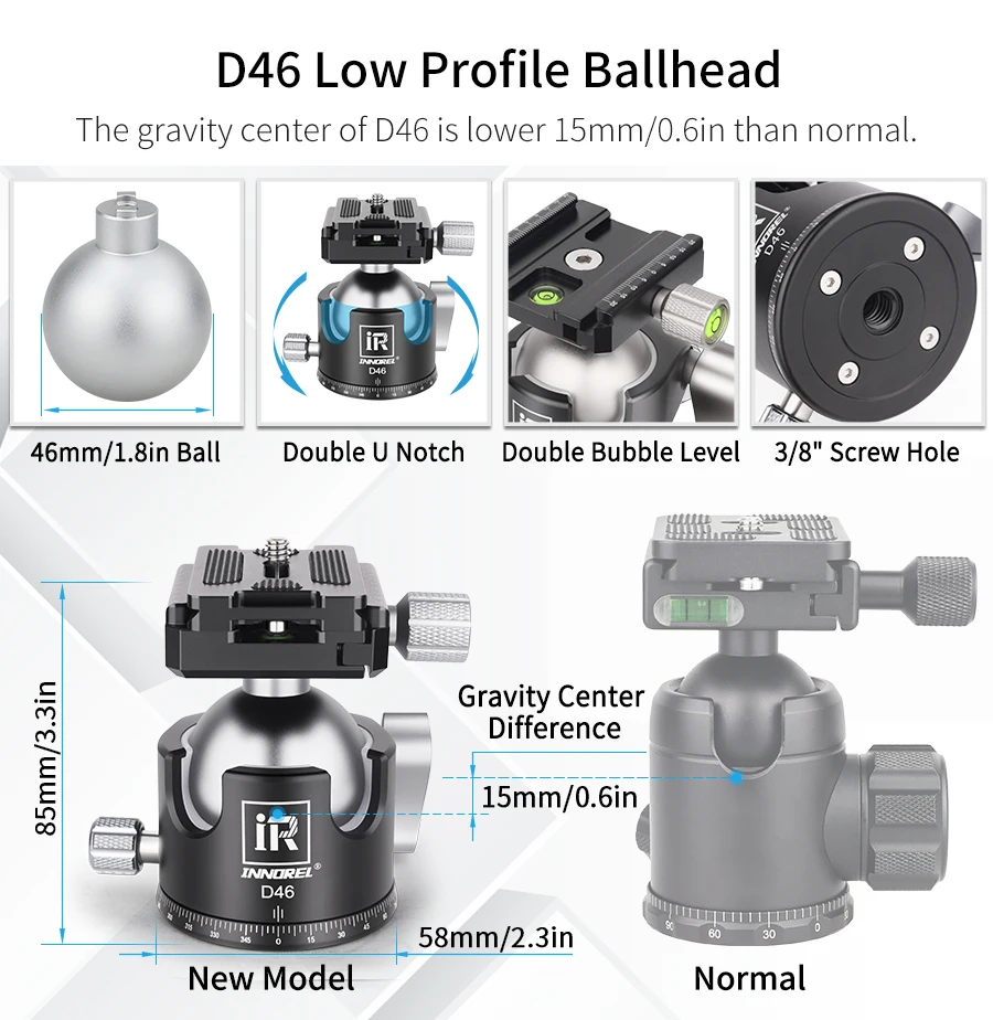 INNOREL CT75C/85C Kohlefaser-Stativ für DSLR-Kamera, robuster Ständer, Kugelkopf mit geringer Schwerkraft und verstellbarer Mittelsäule – Detail 7