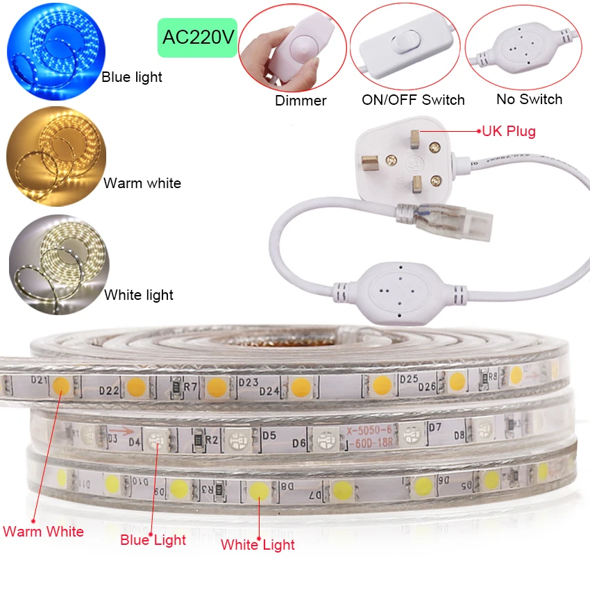 

SMD 5050 AC220V LED Light Strip Flexible 60LEDs/m LED Light Outdoor Waterproof Led Tape Light With UK Power Plug/Switch/Dimmer