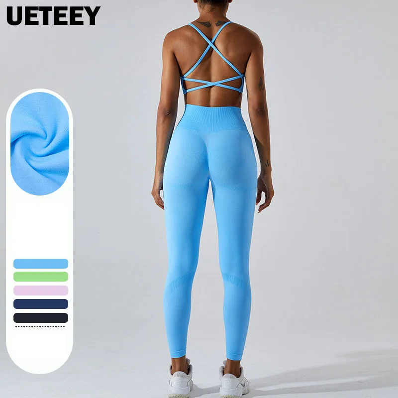 

Seamless 2 Pieces Women Yoga Sets Sports Back Cross Bras Gym Leggings Fitness Sports Wears Outfits Workout Sets Running Suits