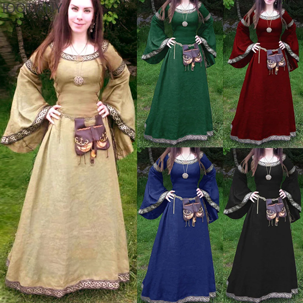 

Women's Medieval Gothic Cosplay Costume Halloween Solid Color Victorian Slim Fit Dress Long Sleeve Renaissance Masquerade Dress