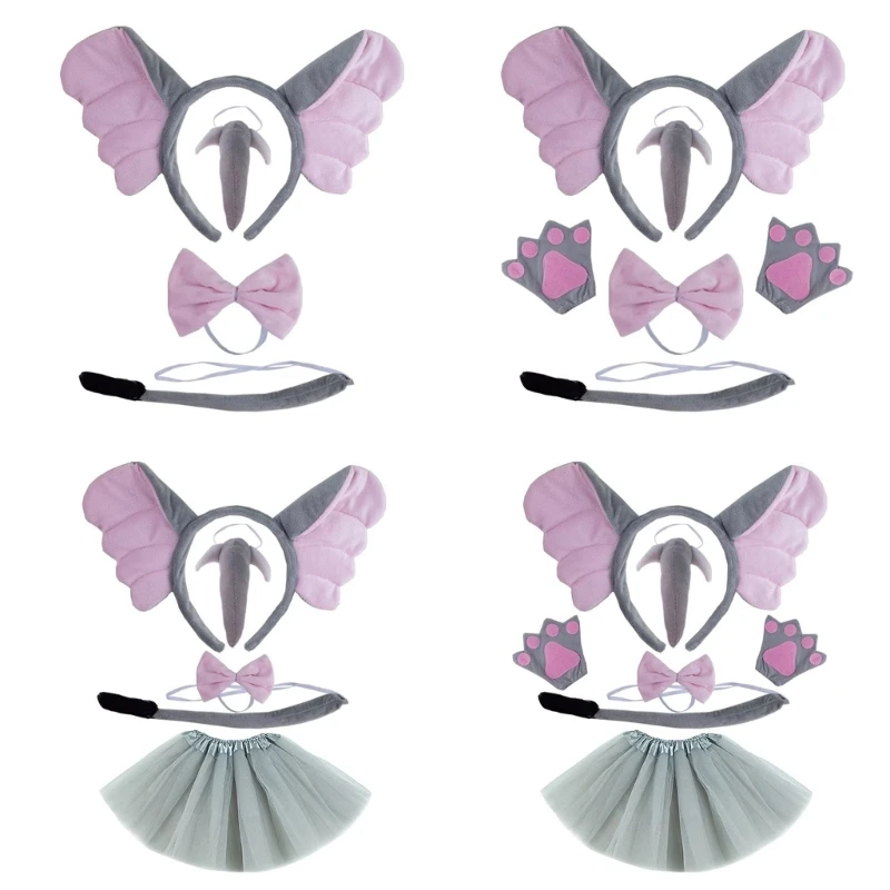 Kids Animal Costume Elephant Ear Headbands Bowtie Tail Nose Glove 4/5/6
