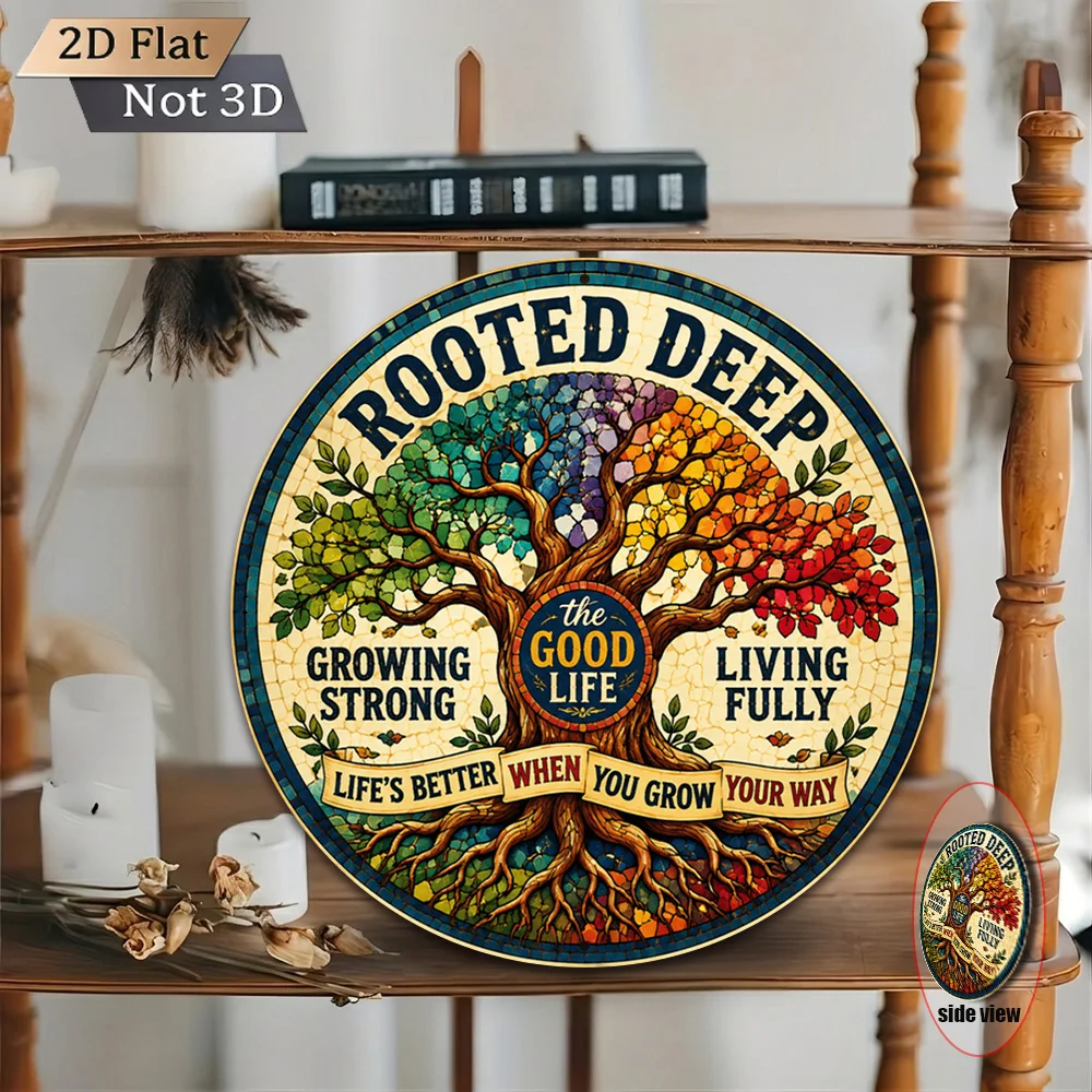 2D Flat, 1pc 2D Flat 8x8 Inch 20x20cm Round Metal Aluminum Sign Vintage Wall Decor Good Life Growth Rooted Tree of Life Retro Ci