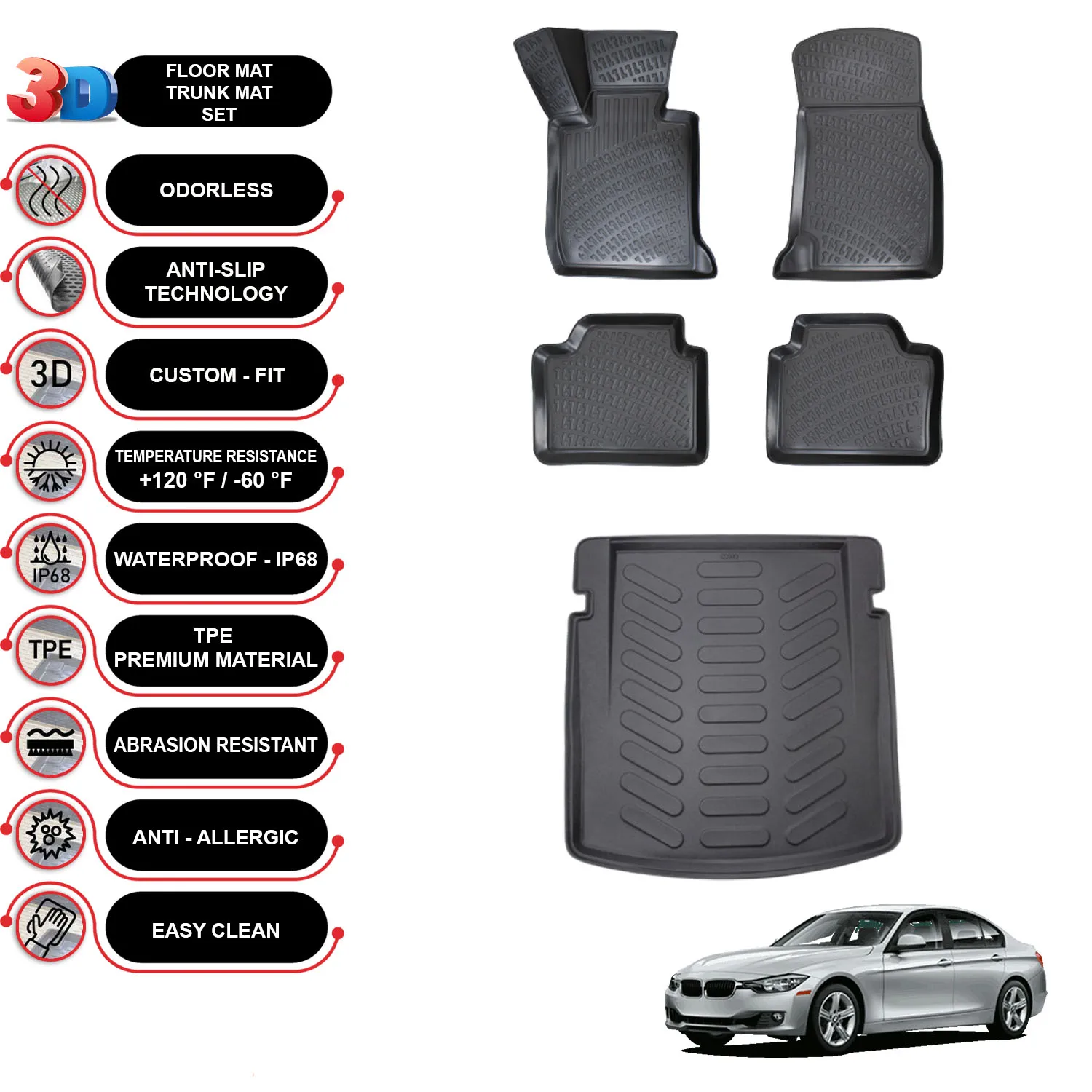 

BMW 3 F30 - (2012-2019) - Floor Mats + Cargo Trunk Liner - SET - (Black)