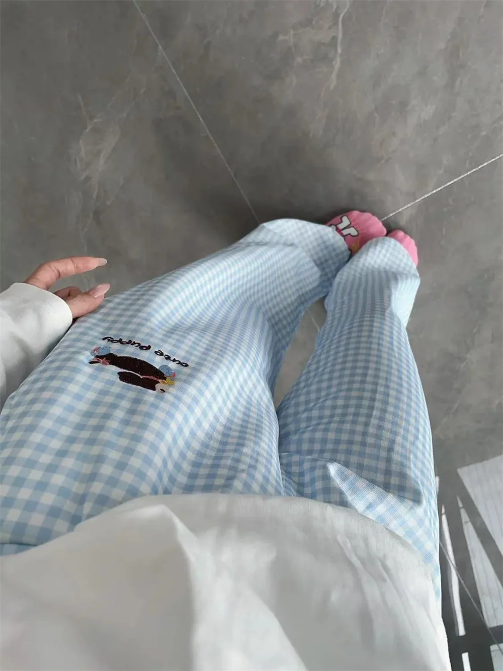 

Cute Cartoon Plaid Pants Women Embroidery Loose Sweet Trousers Summer Korean High Waist Preppy Style Chic Wide Leg Elegant Pants