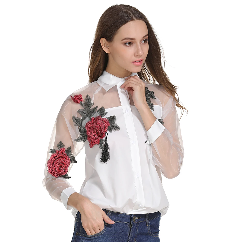 Fashion Women Organza Embroidery Flowers Chiffon Blouse Long Sleeve Casual Shirt Plus Size Female Stitching White Blouse S-3XL