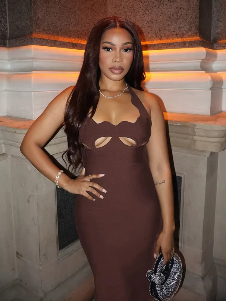 2025 frauen Sexy Halter Cut Out Schwarz Rot Braun Maxi Lange Sommer Bodycon Verband Kleid Elegante Abend Club Party Kleid