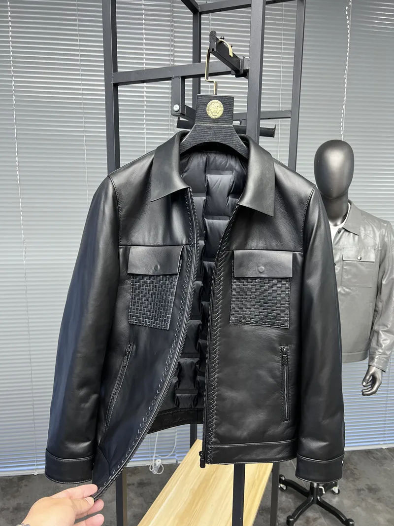 

Men's Premium Leather Jaet Heavy Work Weave eepskin Quilted Coat Faionable Urban Sle Winter Coat Windproof Warm Breat...