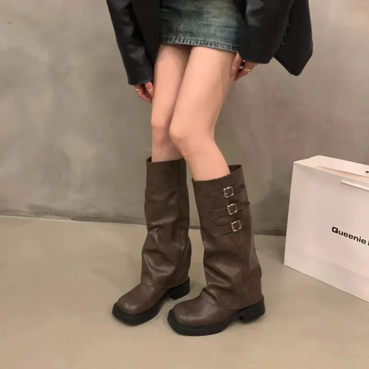 2025 Retro Style Knee High Boots Women Fashion Ladies Slip on Knight Long Boots Autumn Winter Women's Footwear Heels Women Boots view 4