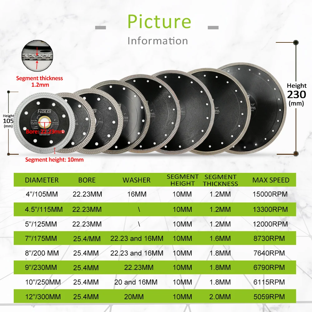 FACHLICH 1pc 4/4.5/5/7/8/9/10/12" X Mesh Turbo Diamond Saw Blade Tile Cutter Porcelain Marble Ceramic Circular Dry Cutting Disc