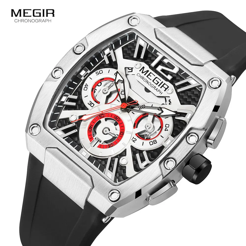 MEGIR Silver Black Quartz Chronograph Watch for Men Fashion Waterproof Luminous Sport Wristwatch with Silicone Strap Auto Date