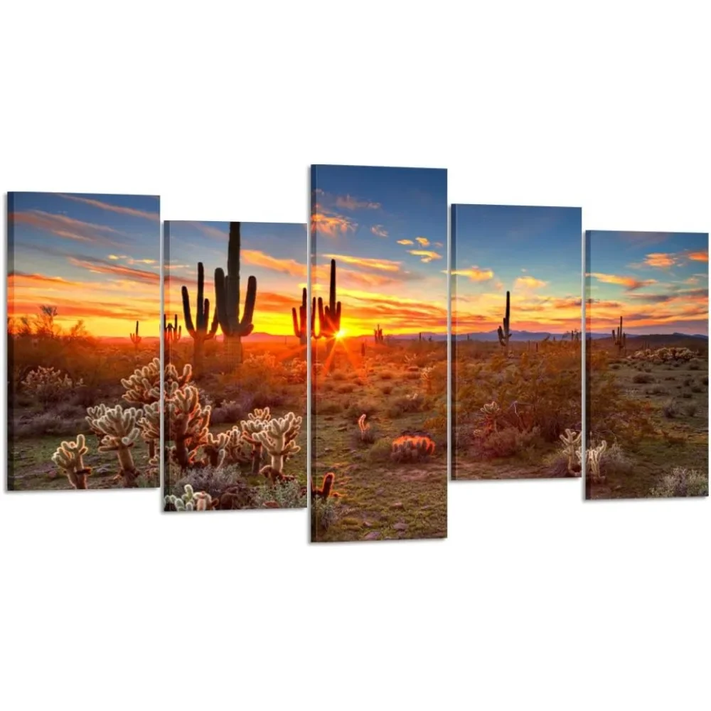 

Natural Landscape Paintings Wall Art Sunset with Saguaros in Sonoran Desert 5 Pieces Picture Print on Canvas