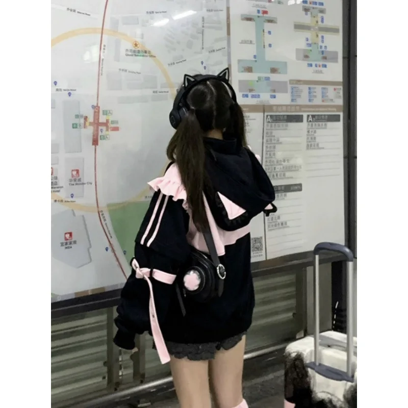 Japanese Kawaii Zip Up Hoodie Coats Y2k Hoodie for Women Autumn Winter Color Block Fake Two Pieces Thick Oversized Baggy Hoodie