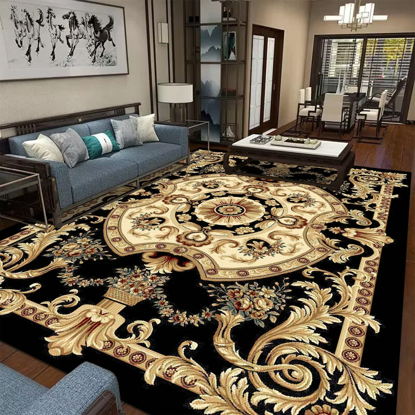 

Black Gold High-end Luxury Carpet Living Room Large Area Rug Europe and America Home Decoration Bedroom Rug Washable Floor Mat