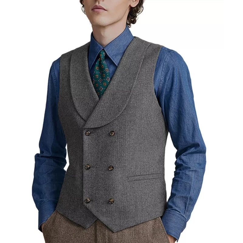 

Herringbone Men Vest Gray Shawl lapel Waistcoats Double-breasted Tweed Waistcoat For Wedding Banquet Work Men Suit Vest