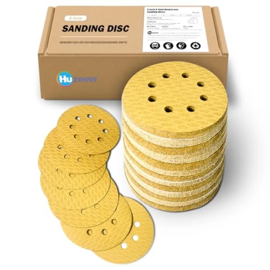 

120Pcs 5 Inch 8-Hole HookandLoop Sanding Discs, 40-600 Grits Diamond Yellow Sand, Dust-Free/Wear-Resistant, Latex Paper Base No