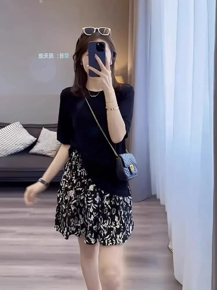 Verão feminino nova moda magro ajuste camiseta + saia impressa high-end conjunto de duas peças