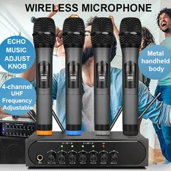 Adjustable Four-Channel Wireless Microphone SystemUHF Metal Handheld Wireless Microphones Cordless Mics Professional for Karaoke