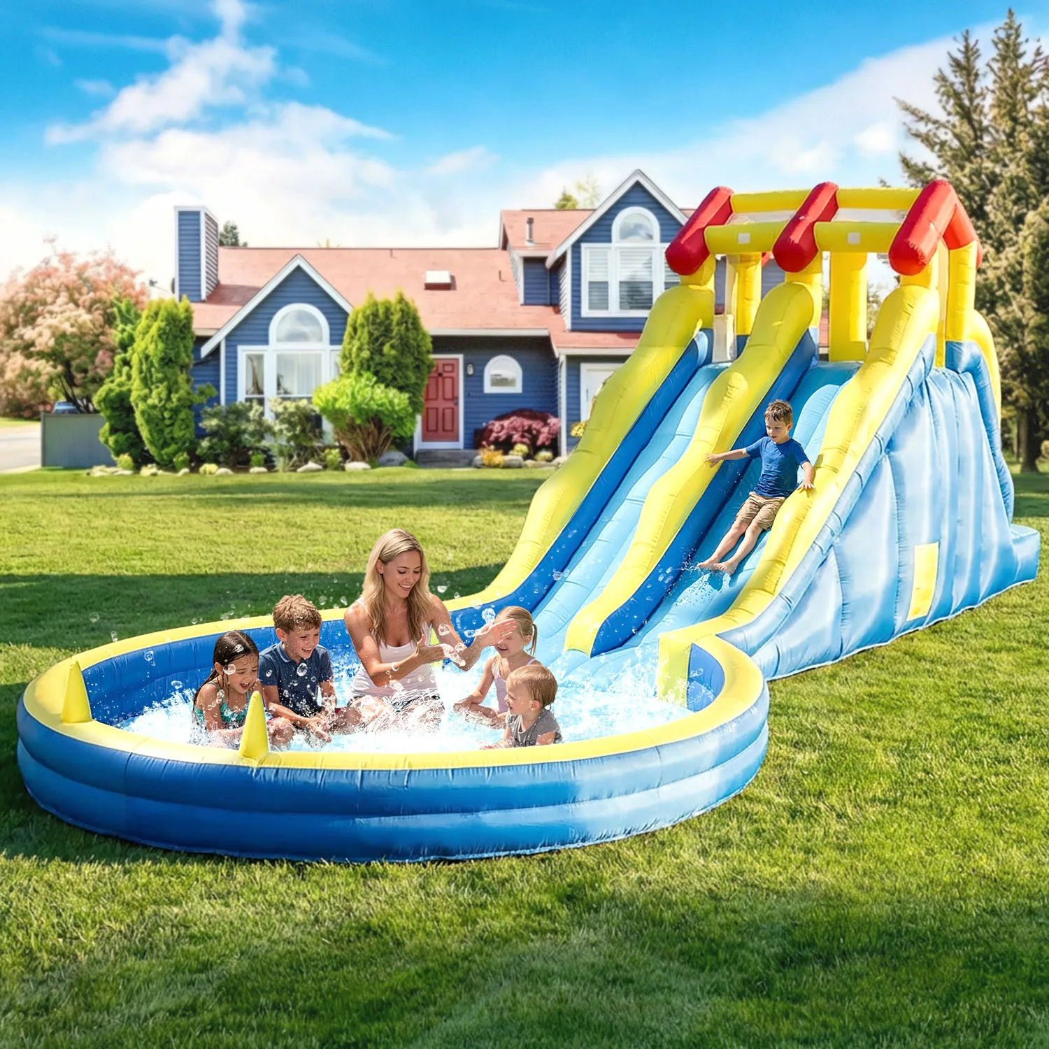 

Надувной батут-горка Commerci 8м с водной горкой и вентилятором 750 Вт для детей и взрослых, детская игровая площадка