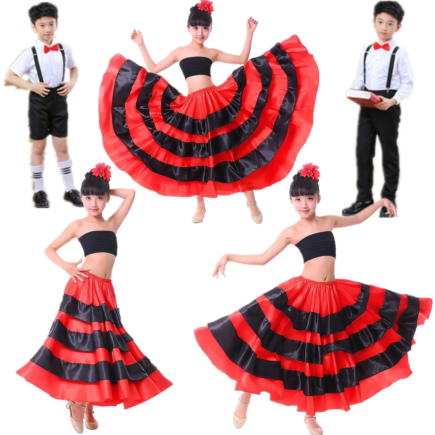 1 pçs/lote crianças moda dança do ventre saia vermelha menina tourada dança cetim fita preta saia flamenco