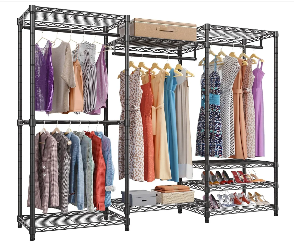 Heavy Duty Clothes Rack, Portable Wardrobe with 4 Hanging Rods & 8 Shelves, Freestanding Adjustable Garment Rack for Bedroom