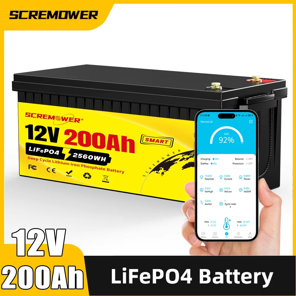 US/EU Stock 12V 200Ah Bluetooth LiFePO4 Lithium Battery Low Temperature Protection 6000+ Cycles 2560Wh Energy Built-in 200A BMS