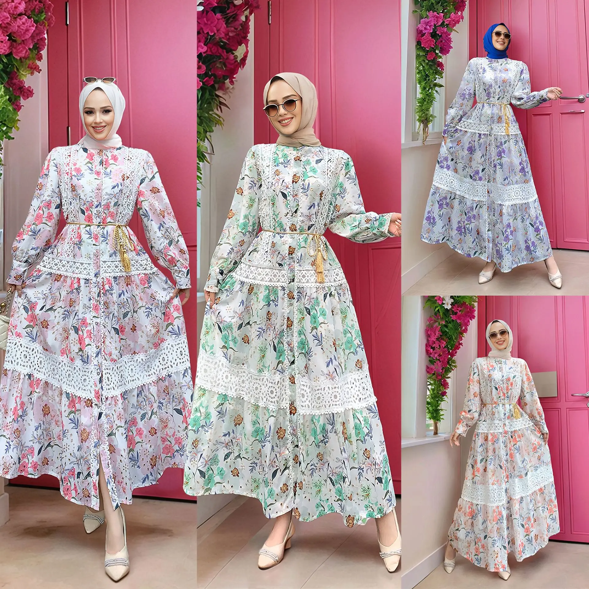 Muslim Women's Long Dress Heavy Industry Embroidery Lace Splicing Printing Pendulum Dress Lantern Sleeve Skirt Cw49542