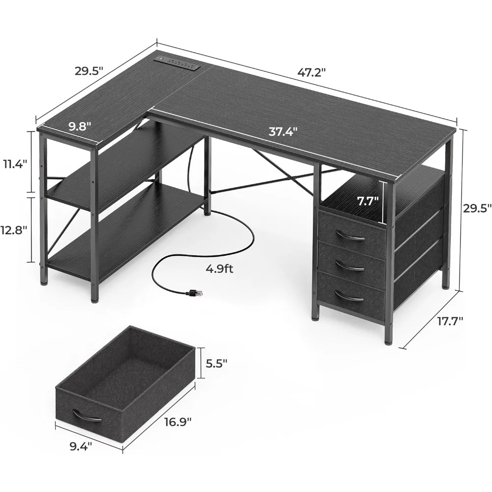 مكتب مكتب كبير على شكل حرف L مع منافذ طاقة، 47 مكتب ألعاب ومنزلي مع 3 أدراج وأرفف تخزين #3