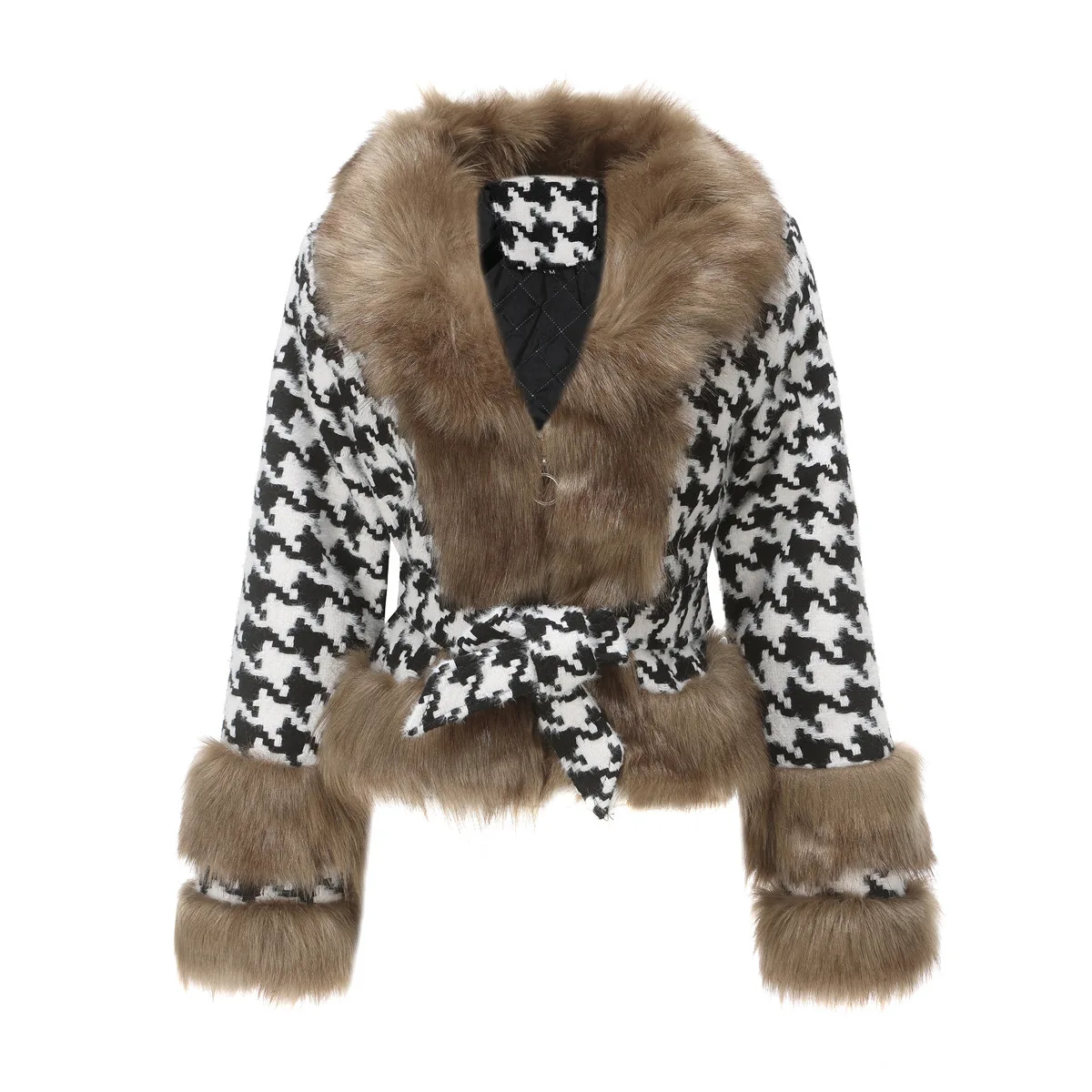 Dames Herfst En Winter Geruite Jas Afneembare Wollen Kraag Korte Mode Top Houndstooth Plaid