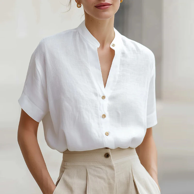 Neues Sommer-Kurzarmhemd, weißes Büro-Damen-Oberteil, V-Ausschnitt, lässige Blusen für Damen, modisches einfarbiges Hemd, Cardigan