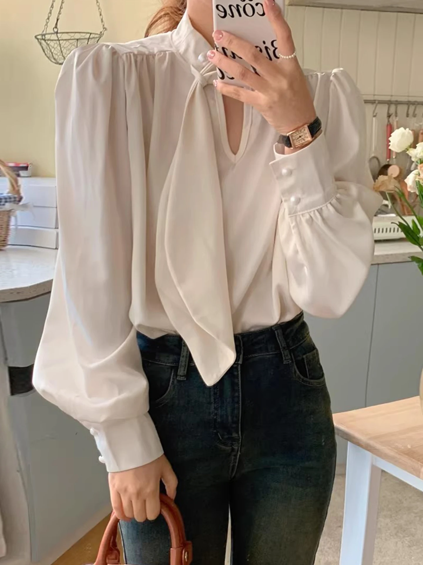 

Liangliang Pearlcuff Neck Hanging Sash Long Sleeve Women's Shirt Vintage Color Spring New Style Comfortable Breathable ...