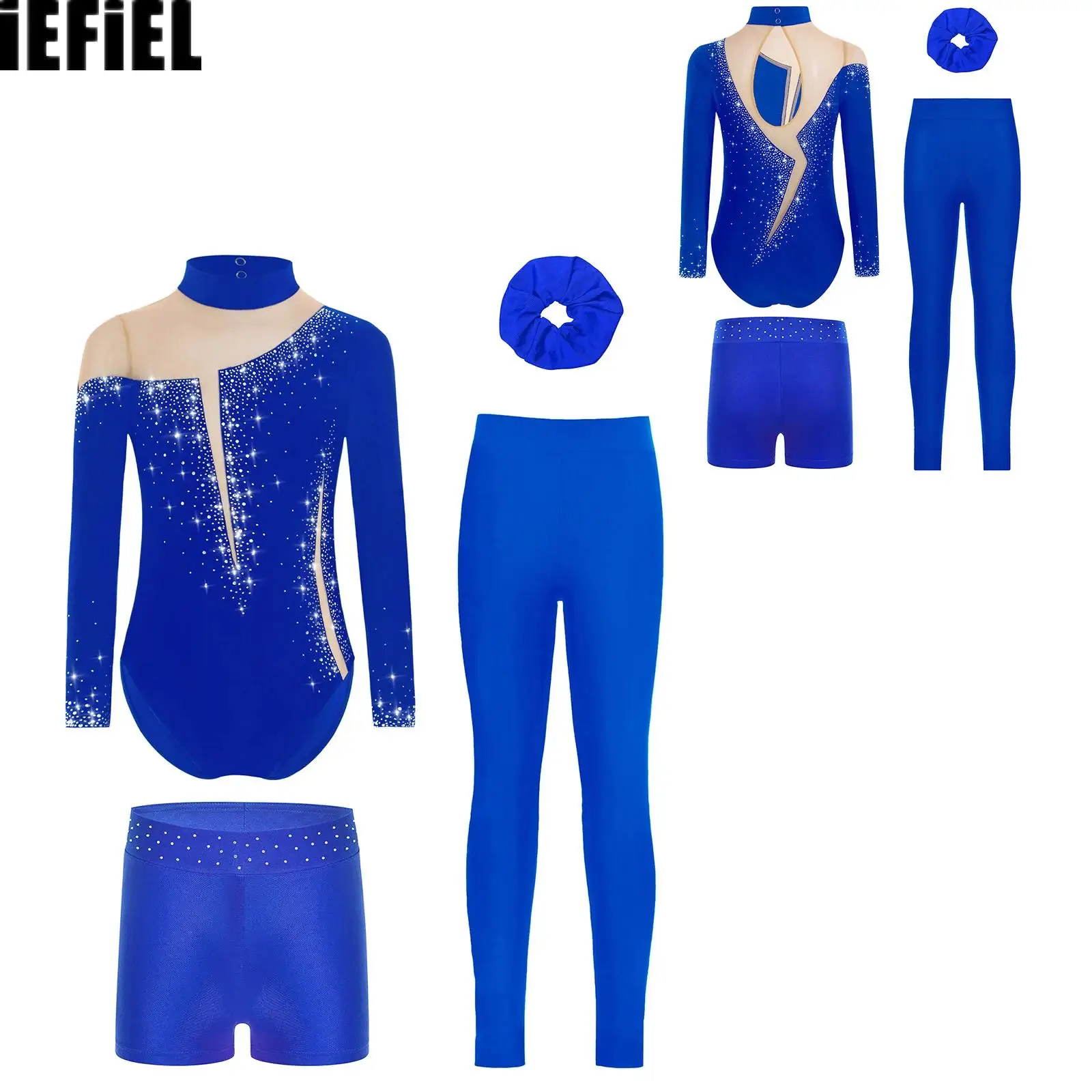 

Kids Girls Patchwork Dance Outfit Long Sleeve Keyhole Back Sheer Mesh Leotard with Shorts Leggings And Hairband for Gymnastics