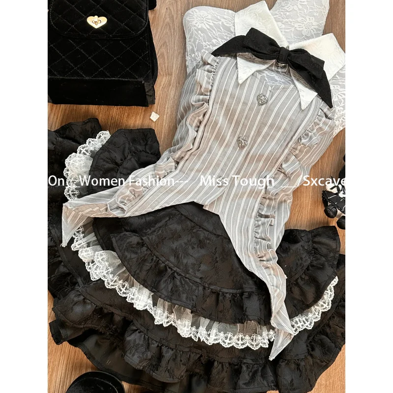 Lolita Vintage Suits Women Black Bodycon Blouse + Lace Skirts Women 3 Piece Sets Autumn Evening Party Clothing Chic Korean New