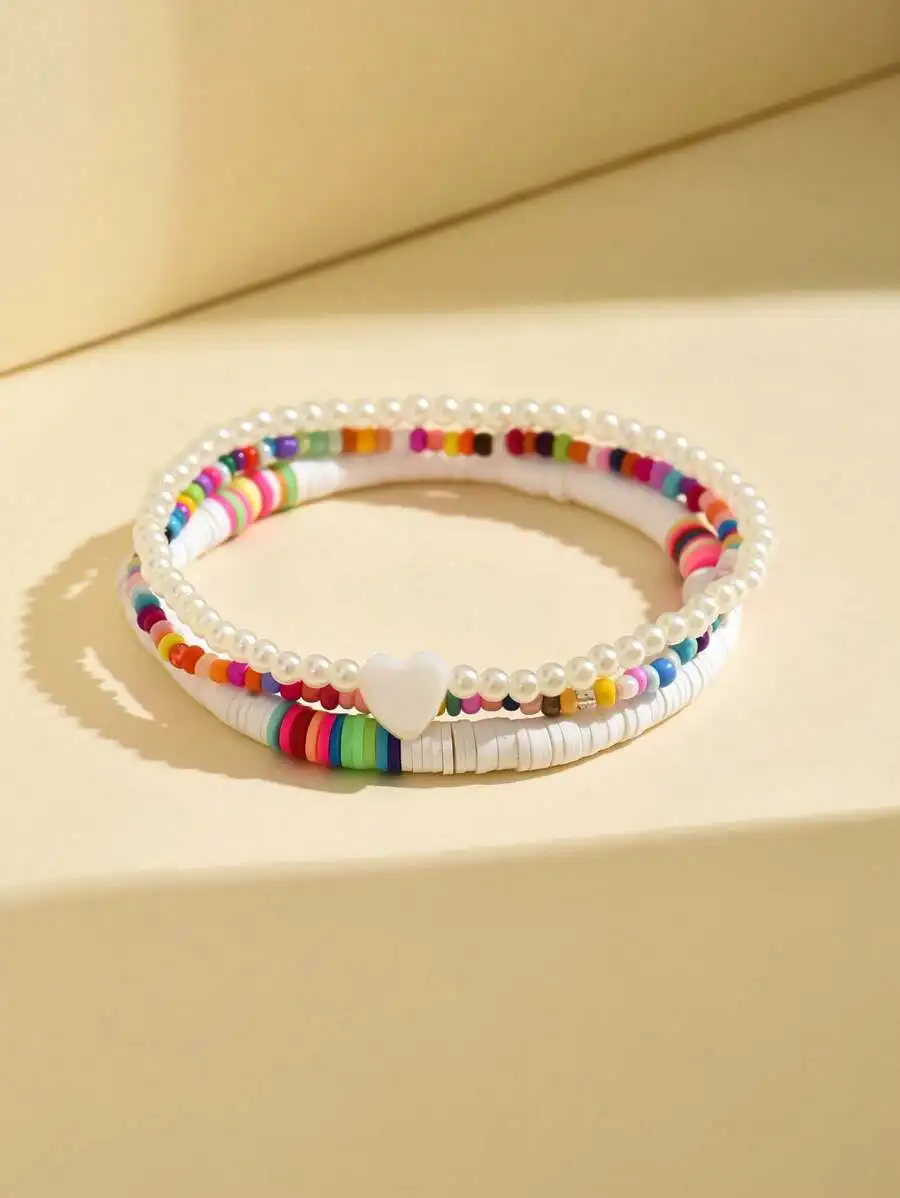 

3-Piece Boho Chic Layered Anklet Set With Colorful Ceramic Beads, Faux Pearl Accents And Heart Charm For Women