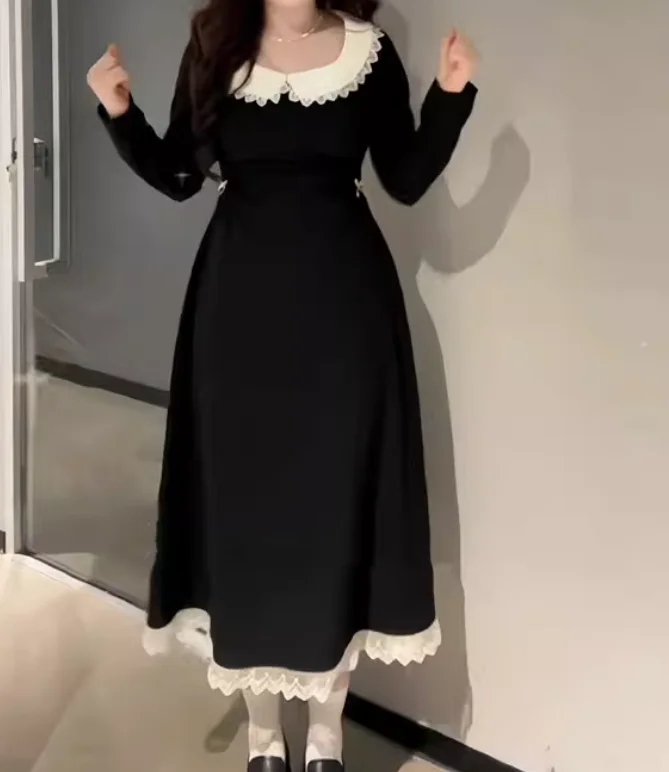 Robe noire à col ras du cou pour femme, grande taille, tempérament français, élégante, taille haute, ligne a, polyvalente, mode, manches longues, automne
