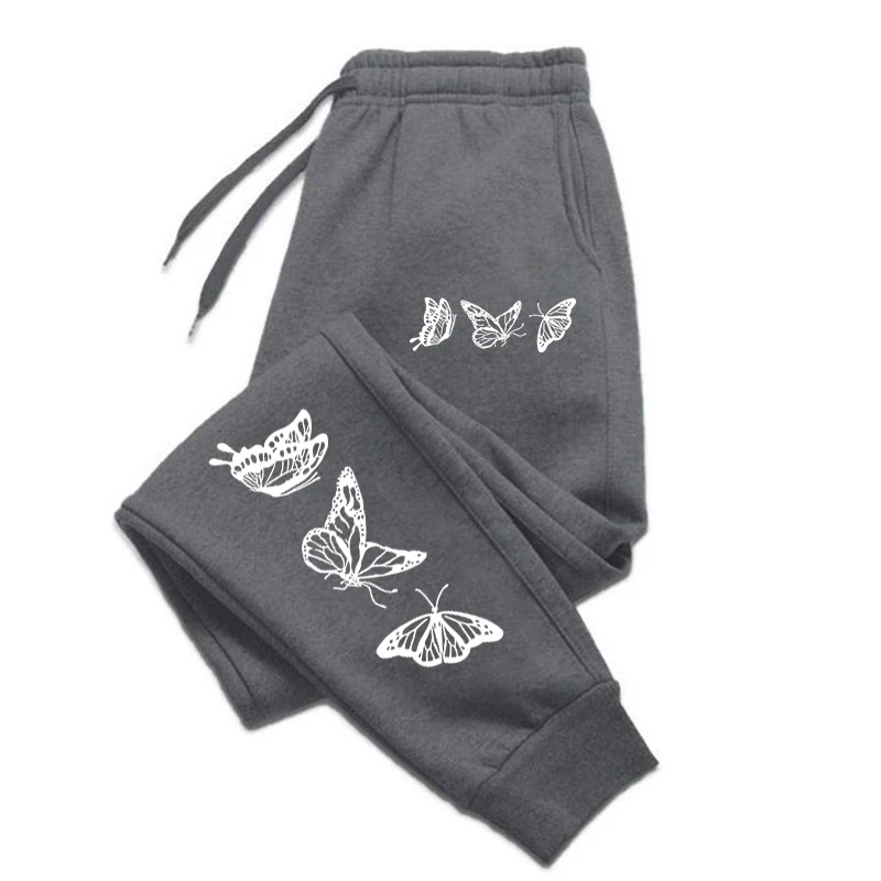 Womens Mens Couple Sweatpant Three Butterflies Printed Sportswear Warm Gym Baggy Pocket Drawstring Pants Jogger Sports Clothes