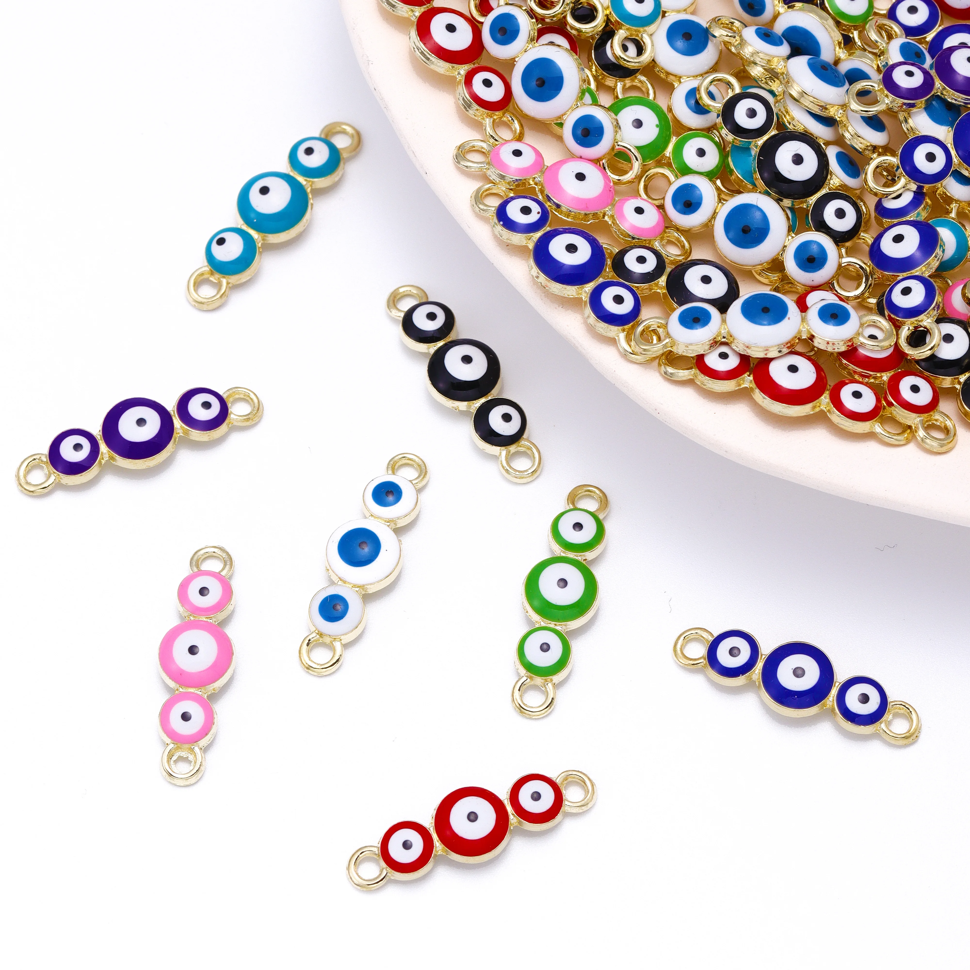 10Pcs 14*7mm Enamel Drip Oil Turkish Evil Eye Double Ring Pendant DIY Necklace Bracelet Connector Charms Amulet Making Supplies